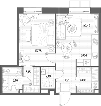 Планировка: Евродвушка 47,2 м² в ЖК «МЫС»