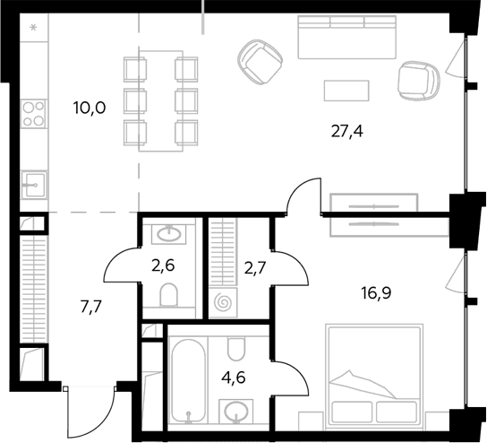 Планировка: Евродвушка 71,9 м² в ЖК «Монблан»