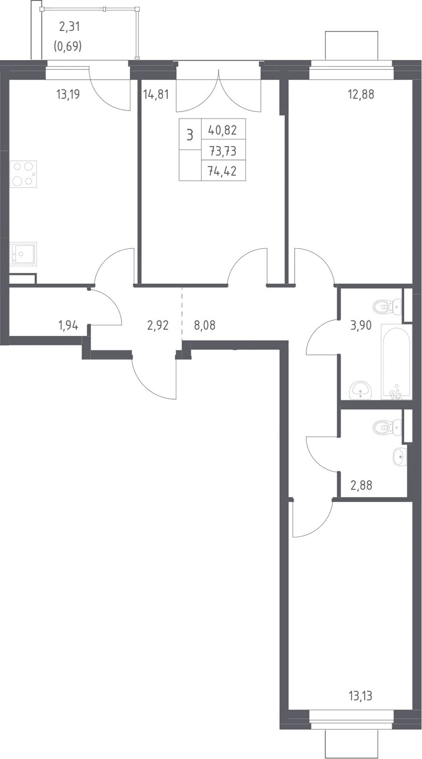 Планировка: 3-комнатная квартира 73,7 м² в ЖК «Квартал Западный»