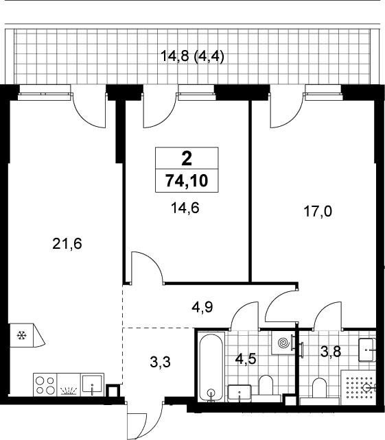 Планировка: Евротрёшка 69,7 м² в ЖК «Деснаречье»