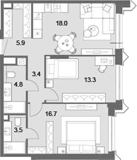 Планировка: Евротрёшка 65,6 м² в ЖК «ОМ Ботанический»