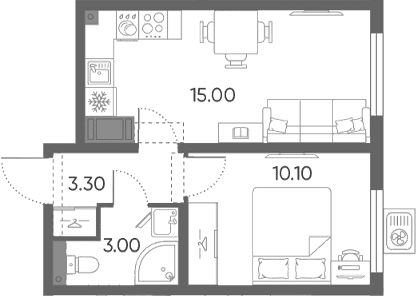 Планировка: Евродвушка 31,4 м² в ЖК «Ручьи 2»