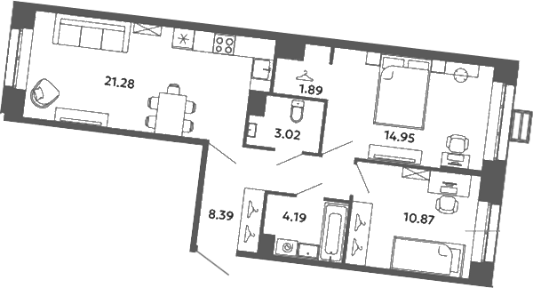 Планировка: Евротрёшка 64,6 м² в ЖК «Загляденье»