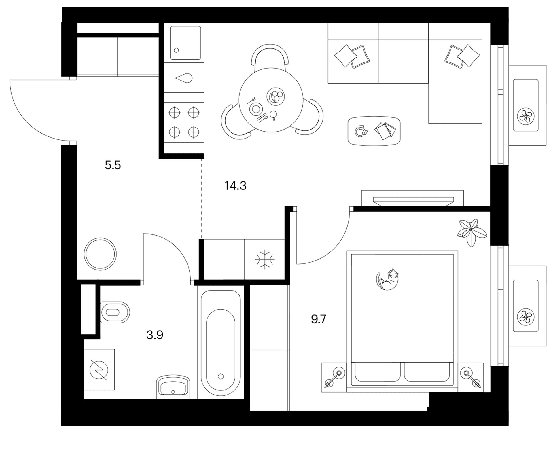 Планировка: 1-комнатная квартира 33,4 м² в ЖК «Белая Дача парк»