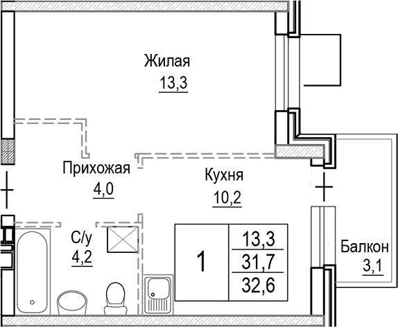 Планировка: 1-комнатная квартира 31,7 м² в ЖК «Лесная Отрада»