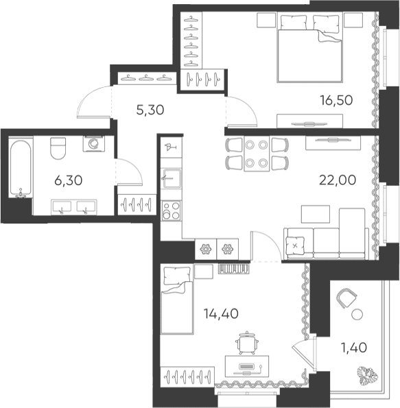 Планировка: Евротрёшка 64,5 м² в ЖК «Моисеенко, 10»