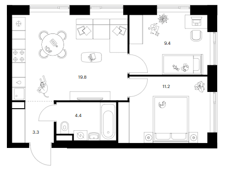 Планировка: 2-комнатная квартира 48,1 м² в ЖК «Мичуринский парк»