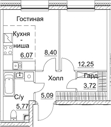 Планировка: 1-комнатная квартира 41,3 м² в ЖК «СЕЗАР СИТИ»