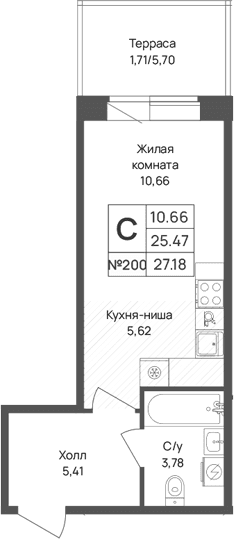 Планировка: Студия 25,5 м² в ЖК «Капральский берег»
