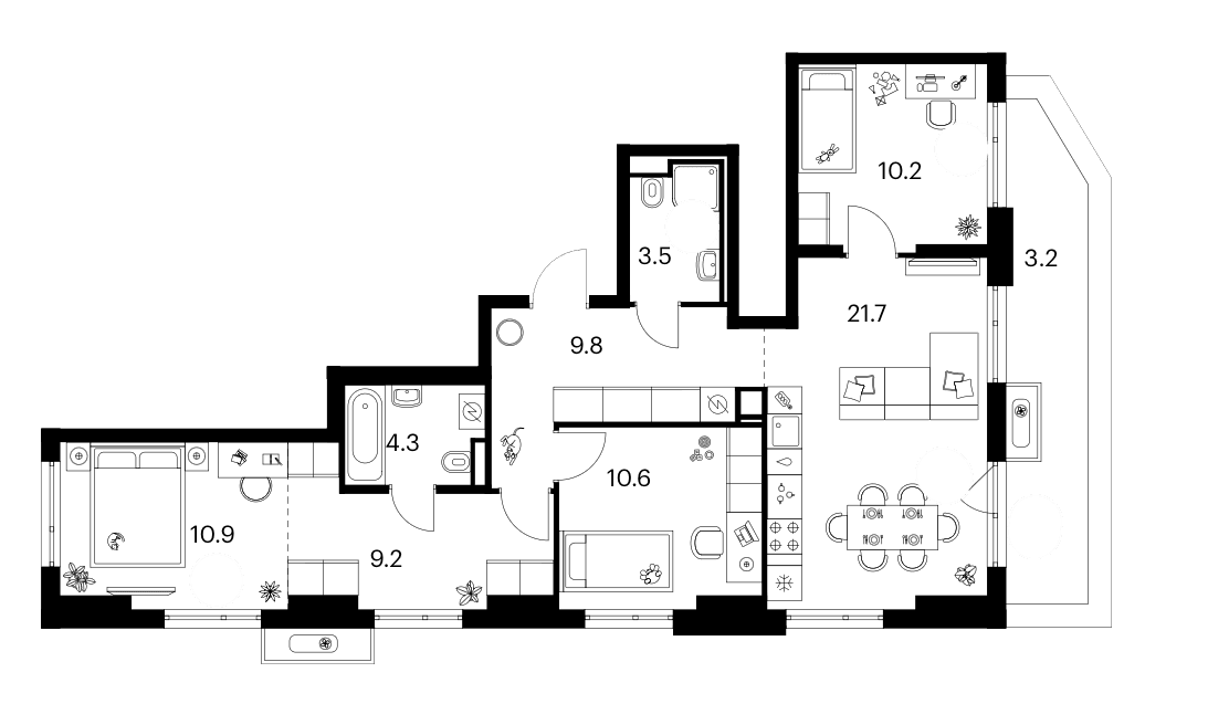 Планировка: 3-комнатная квартира 80,2 м² в ЖК «Зеленый парк»
