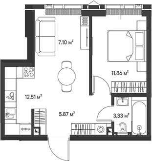 Планировка: Евродвушка 40,7 м² в ЖК «Джойс»
