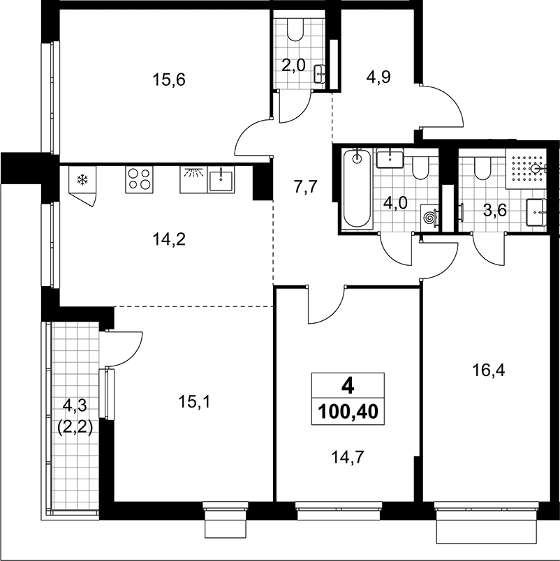 Планировка: Квартира евро-4 98,2 м² в ЖК «Деснаречье»