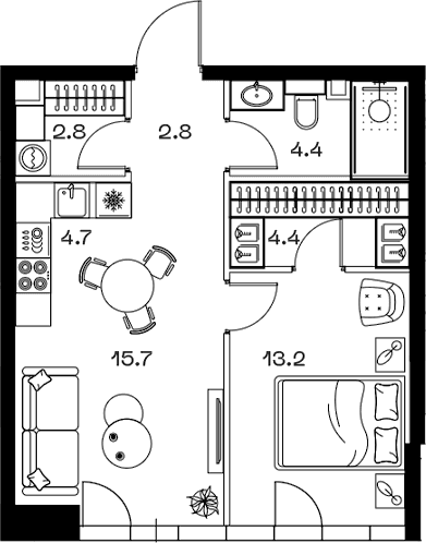 Планировка: Евродвушка 48 м² в ЖК «SHIFT»