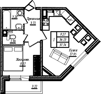 Планировка: 1-комнатная квартира 36,1 м² в ЖК «АРО»