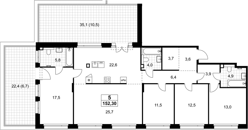 Планировка: Квартира евро-5 135,1 м² в ЖК «Хольм»