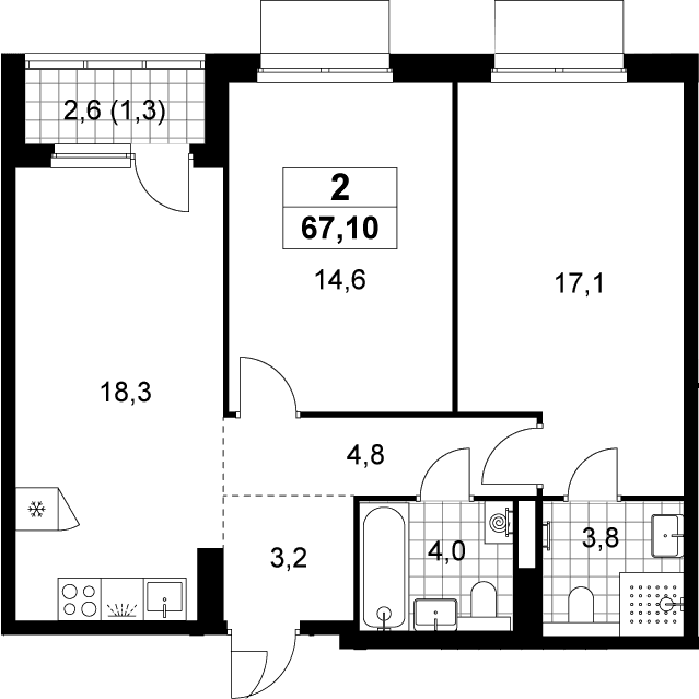 Планировка: Евротрёшка 65,8 м² в ЖК «Деснаречье»