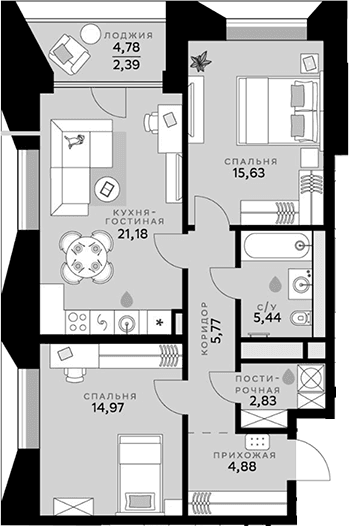 Планировка: Евротрёшка 70,7 м² в ЖК «СберСити»