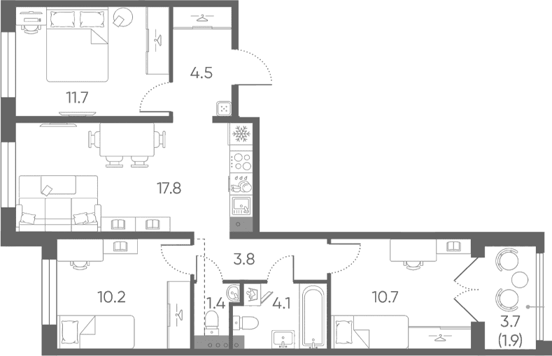 Планировка: Квартира евро-4 64,2 м² в ЖК «Пулково Лейк»