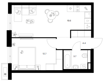 Планировка: 1-комнатная квартира 40,4 м² в ЖК «Зеленый парк»