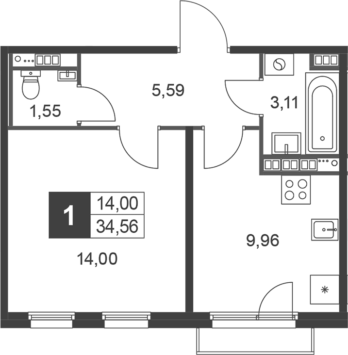 Планировка: 1-комнатная квартира 34,2 м² в ЖК «Слобода»