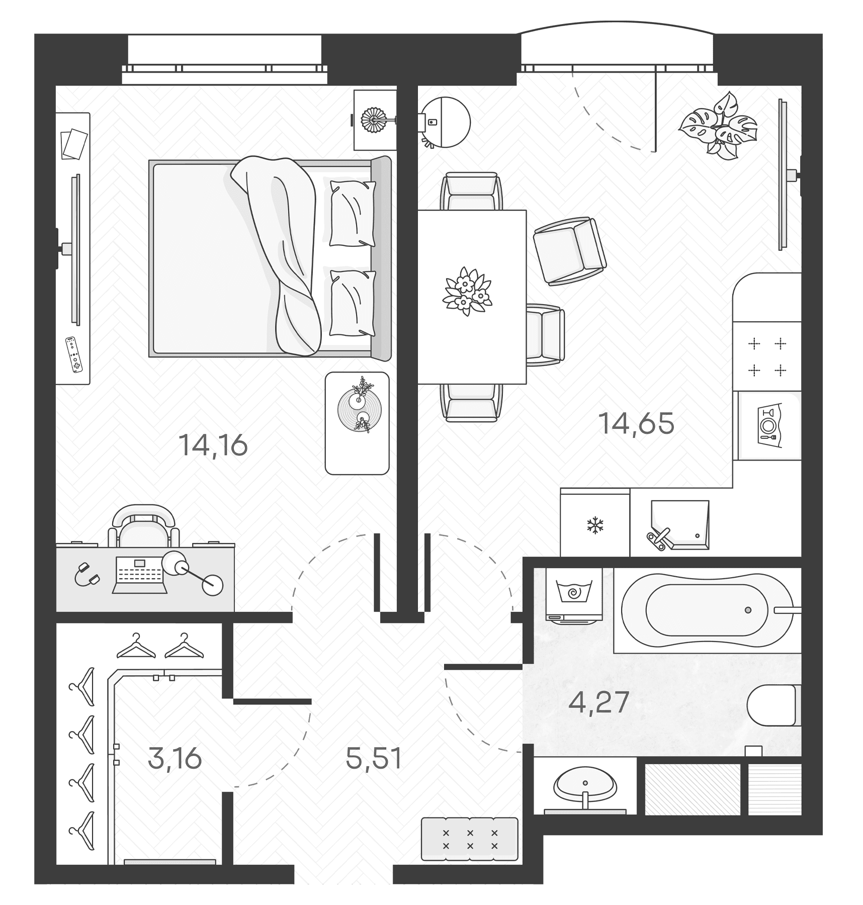 Планировка: 1-комнатная квартира 41,8 м² в ЖК «Monodom Art»