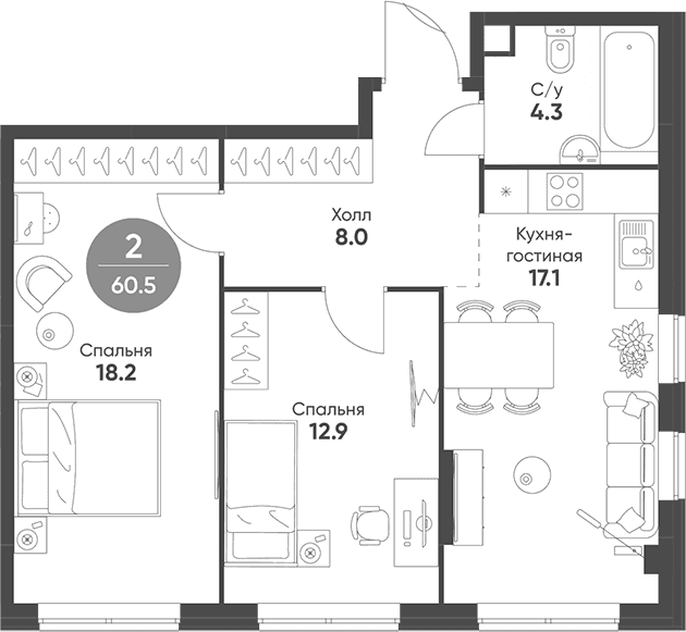 Планировка: Евротрёшка 60,5 м² в ЖК «Соколинн Парк»