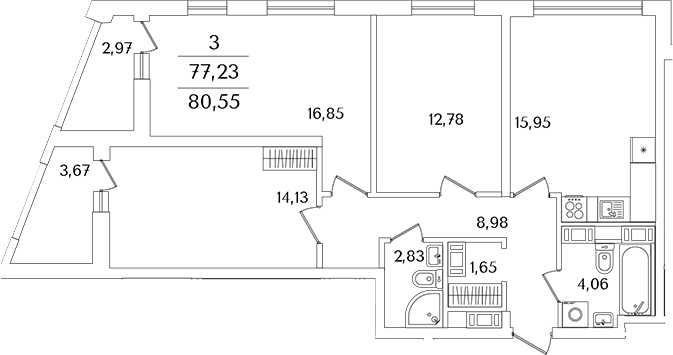 Планировка: 3-комнатная квартира 76,1 м² в ЖК «Лайнеръ»
