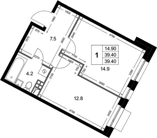 Планировка: 1-комнатная квартира 39,4 м² в ЖК «Кореневский Форт 2.3»