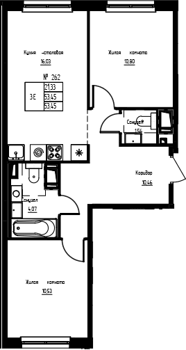 Планировка: Евротрёшка 53,5 м² в ЖК «Кронунг-Янино»