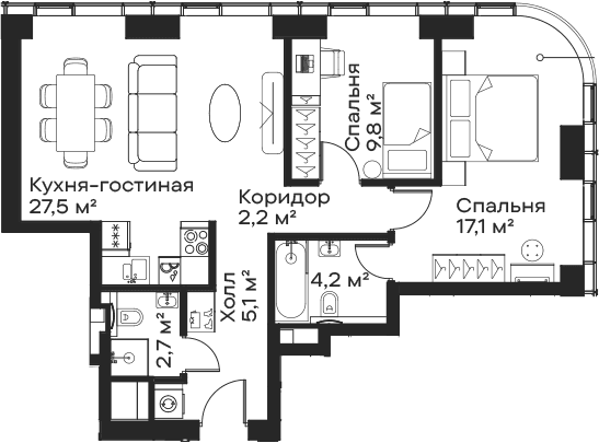 Планировка: Евротрёшка 68,6 м² в ЖК «Сити Бэй»