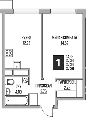 Планировка: 1-комнатная квартира 37,4 м² в ЖК «Гранель Притяжение Сити»