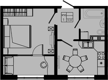 Планировка: 1-комнатная квартира 33,2 м² в ЖК «PIXEL»