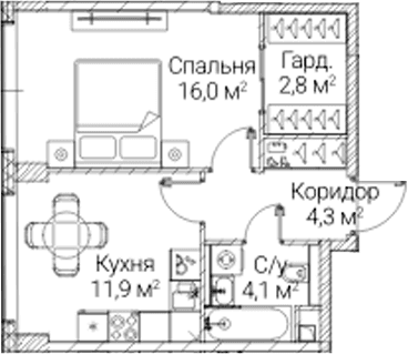 Планировка: 1-комнатная квартира 39,1 м² в ЖК «СЕЗАР БУДУЩЕЕ»