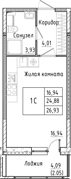 Планировка: Студия 24,9 м² в ЖК «Аквилон РекаПарк»