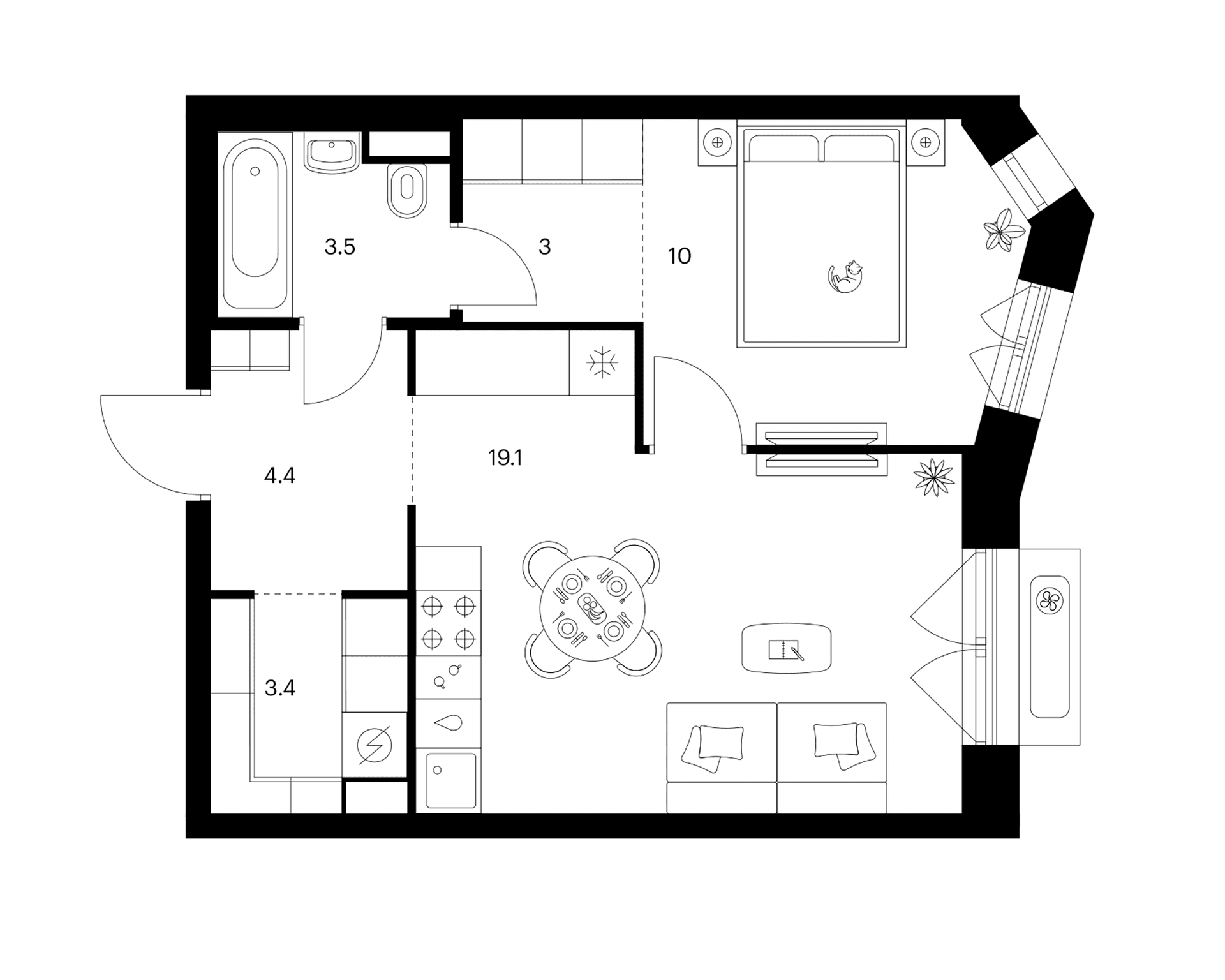 Планировка: 1-комнатная квартира 43,4 м² в ЖК «Мичуринский парк»