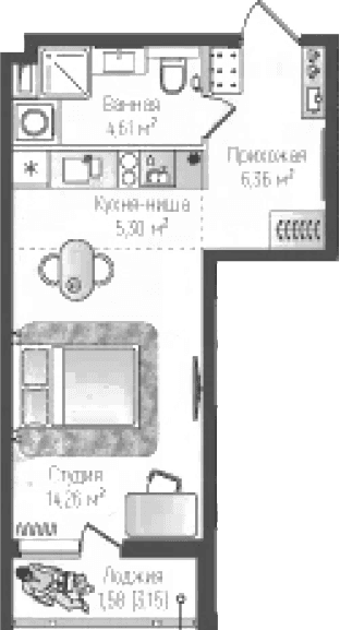 Планировка: Студия 30,5 м² в ЖК «Рига Хиллс»