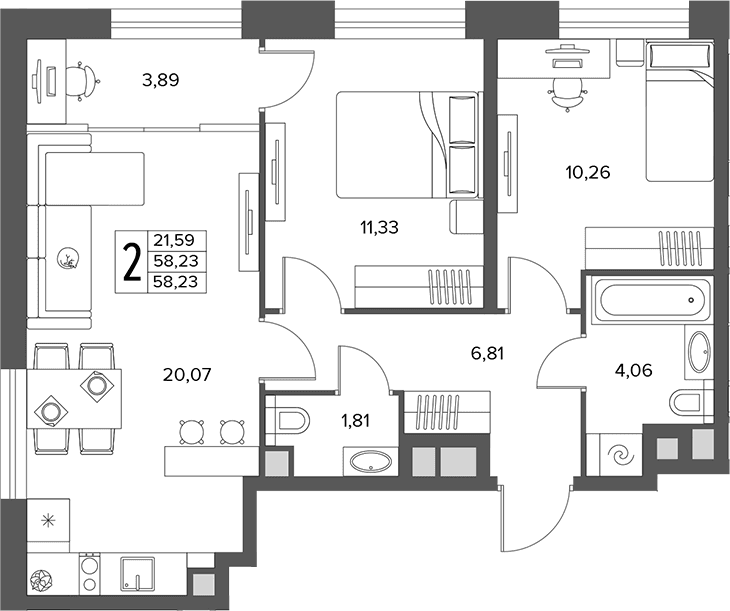 Планировка: Евротрёшка 58,2 м² в ЖК «Городской бор»