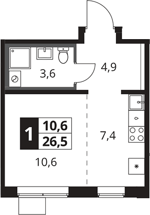 Планировка: Студия 26,5 м² в ЖК «1-й Южный»