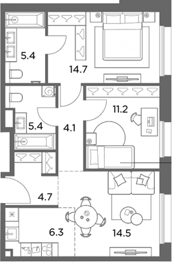 Планировка: Евротрёшка 66,3 м² в ЖК «Станиславский»