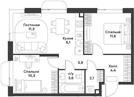 Планировка: Евротрёшка 53,3 м² в ЖК «АЛИА»