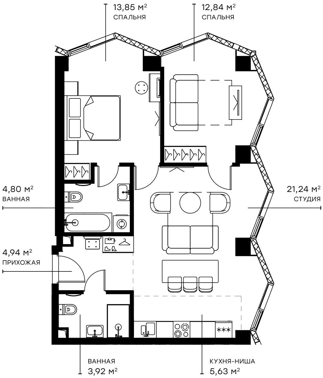 Планировка: Евротрёшка 67,2 м² в ЖК «Симфония 34»