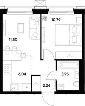 Планировка: Евродвушка 34,5 м² в ЖК «ЭВО»