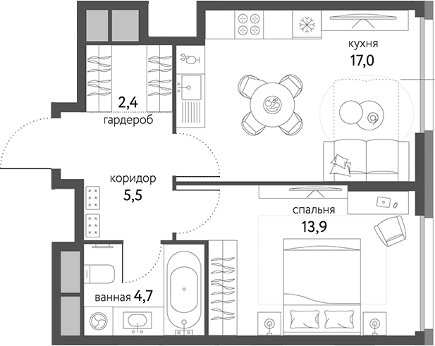 Планировка: 1-комнатная квартира 43,5 м² в ЖК «Сиреневый парк»