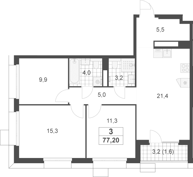 Планировка: Квартира евро-4 75,6 м² в ЖК «Скандинавия»
