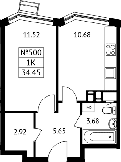 Планировка: 1-комнатная квартира 34,5 м² в ЖК «Новотомилино»