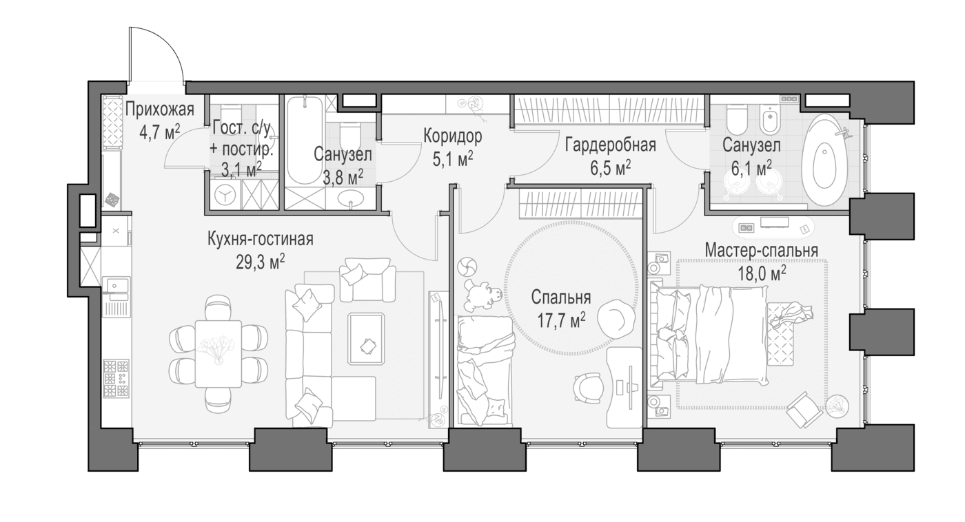 Планировка: Евротрёшка 95 м² в ЖК «Квартал Life Time»