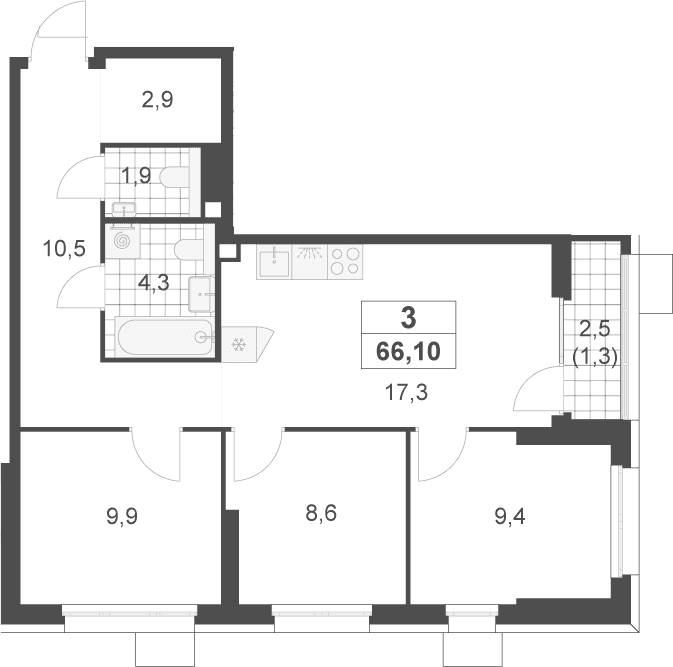 Планировка: Квартира евро-4 64,8 м² в ЖК «Скандинавия»