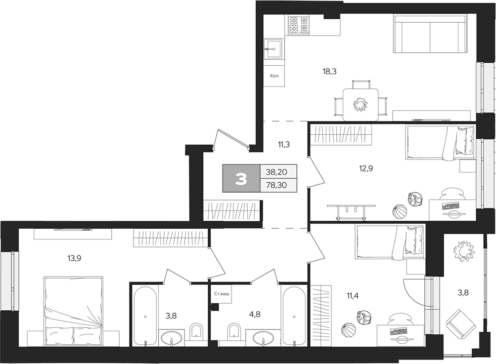 Планировка: 3-комнатная квартира 76,4 м² в ЖК «Ласточкино»