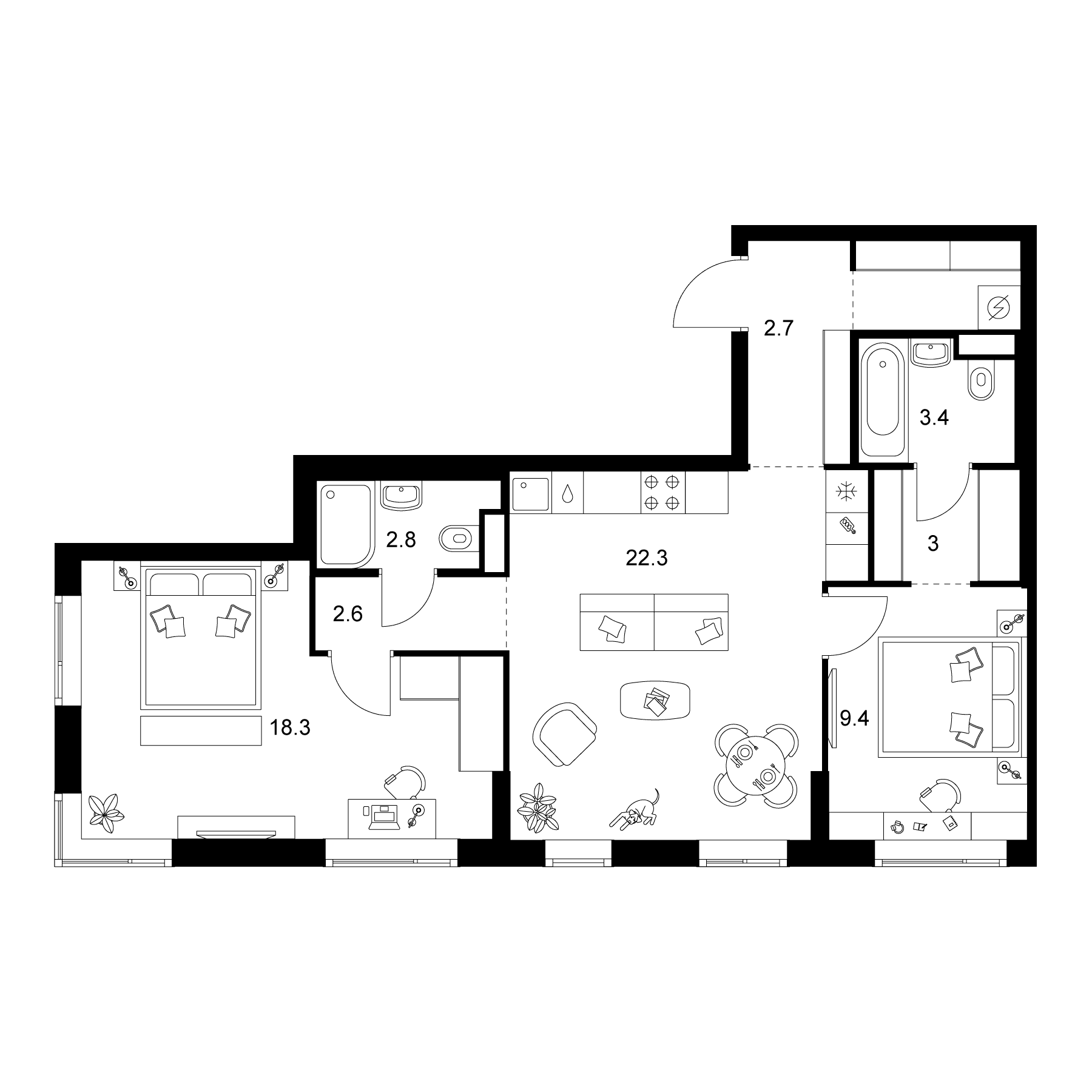 Планировка: 2-комнатная квартира 68,7 м² в ЖК «2-й Иртышский»