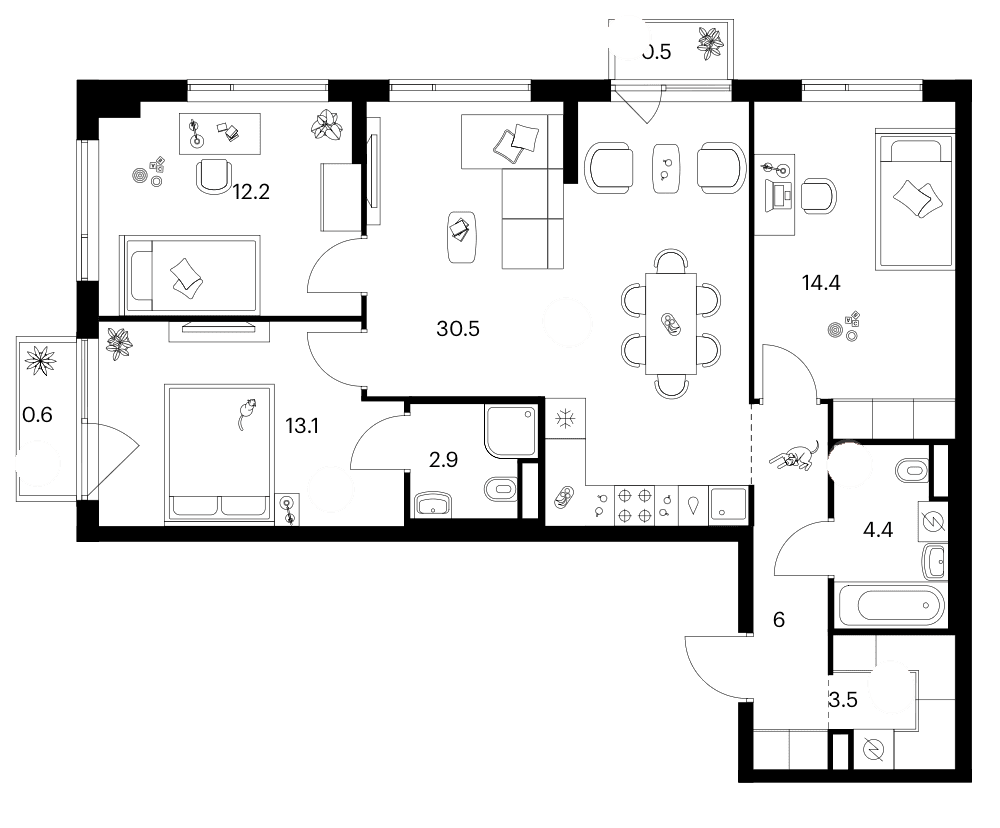 Планировка: 3-комнатная квартира 87 м² в ЖК «Бунинская набережная»